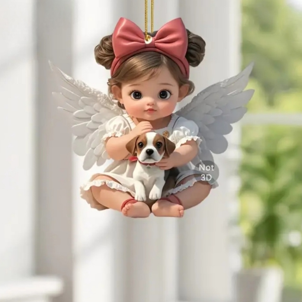2D Acrylic Little Angel Girl In White Holding A Puppy